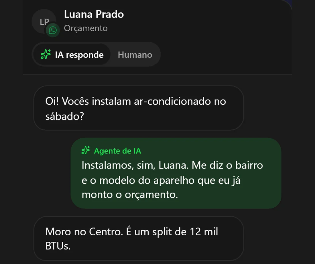 Conversa de WhatsApp na XBASE com respostas do agente de IA e a opção IA responde ou Humano
